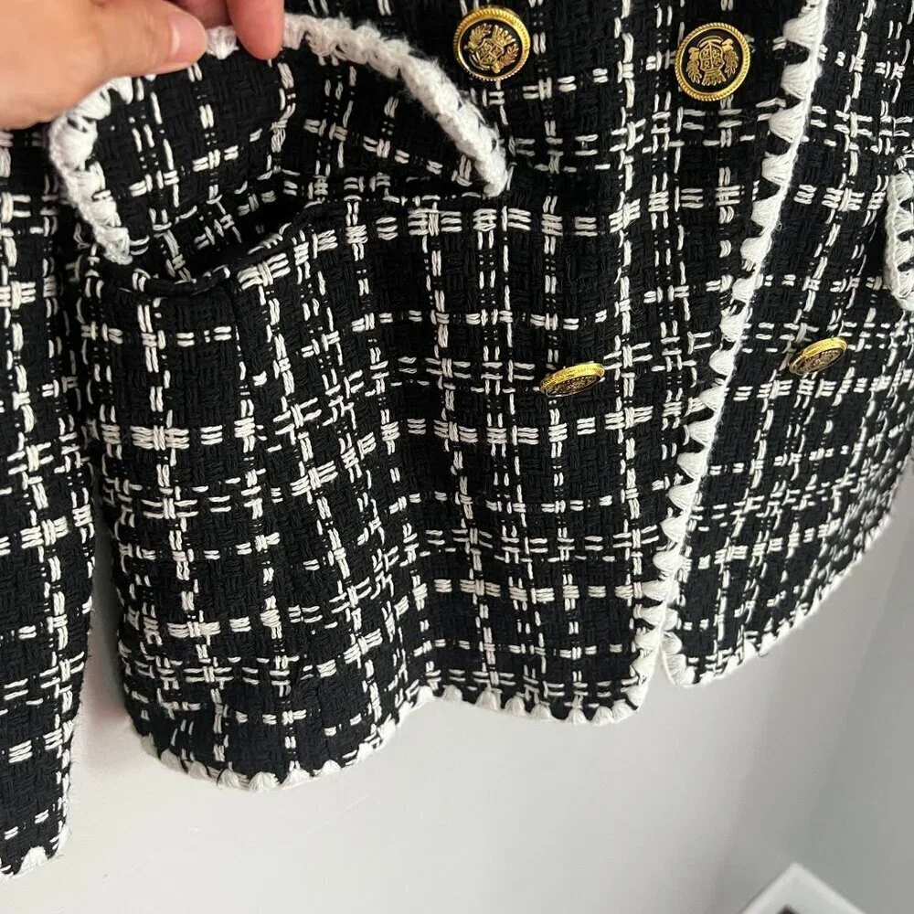 Laundry by Shelli Segal Womens Double Breasted Tweed Blazer XTRA-SMALL Black